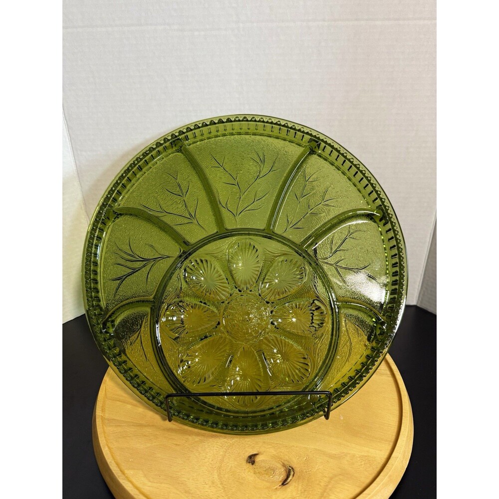 Indiana Glass Green Divided Egg Relish Tray Floral Flower Pattern, 1-Piece